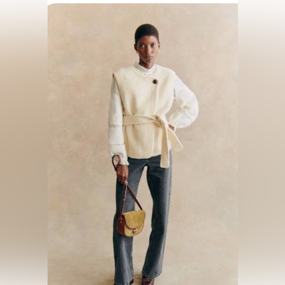 SEZANE Sebastine Quiet Luxury Cream Sleeveless Belted Wool Jacket NWT Size 8 - Picture 2 of 10